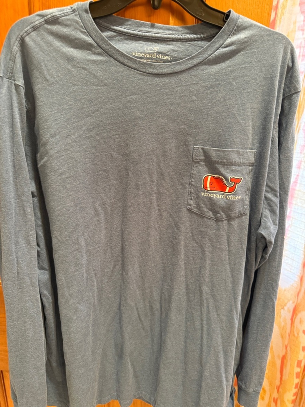 Vineyard Vines Long-Sleeve Pocket Tee in Heather Blue with Red Whale Football 🏈
